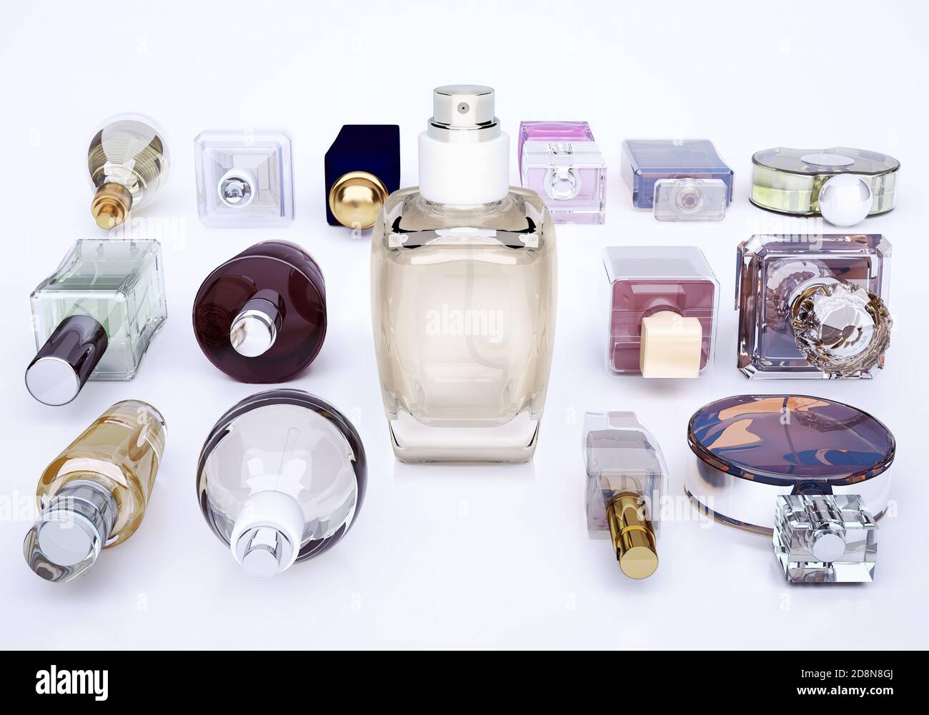 Different shapes of perfume bottles in a white background Stock Photo