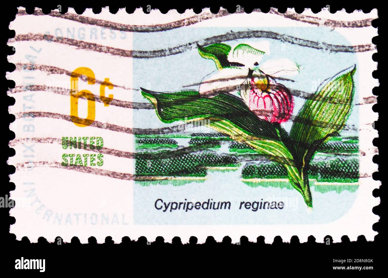 MOSCOW, RUSSIA - OCTOBER 8, 2020: Postage stamp printed in United States shows Cypripedium reginae - Showy Lady's-slipper, Botanical Congress Issue se Stock Photo