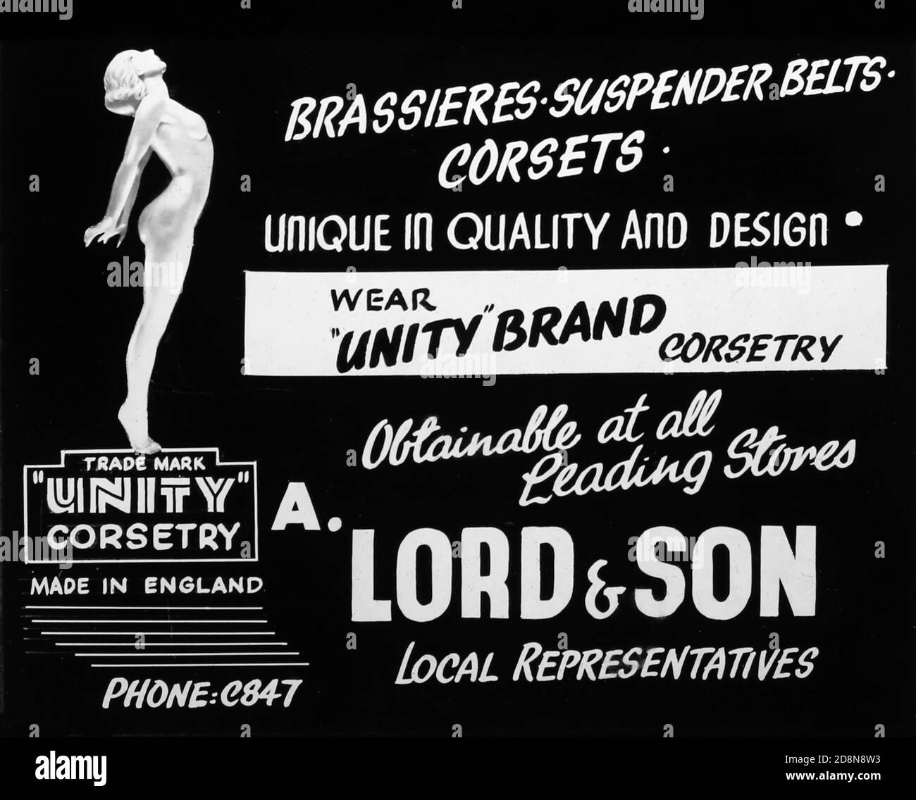 Cinema advertisement for 'Unity Brand' corsetry, early 1900s Stock Photo