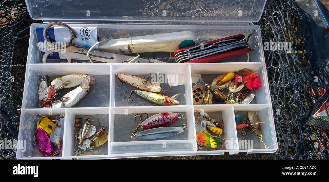Trout fishing in the lake with the spinning technique Stock Photo Alamy