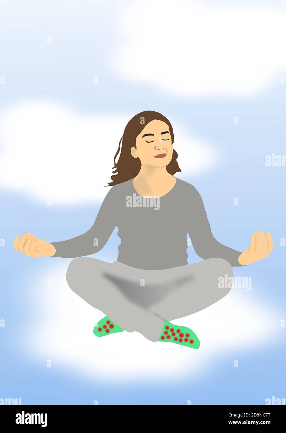 Woman in yoga position over clouds. Stock Photo