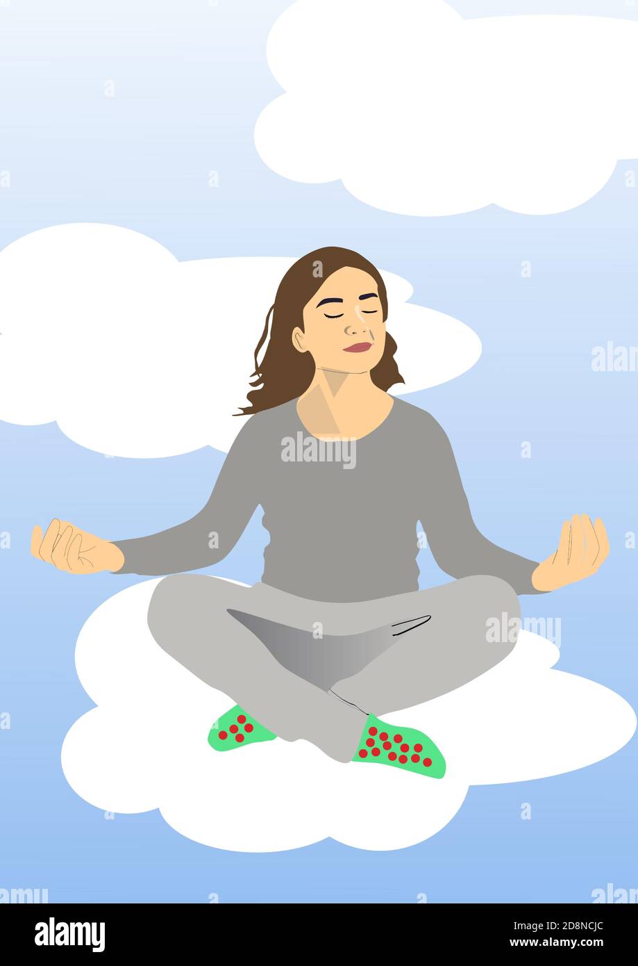 Woman in yoga position over clouds. Stock Vector