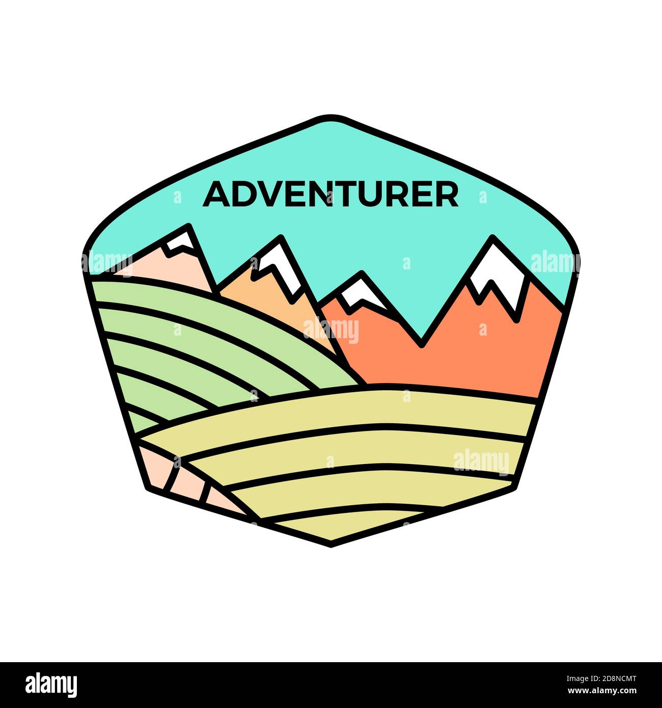 Vintage adventurer line art logo emblem template, adventure badge design with mountains. Unusual linear retro style sticker. Stock vector. Pastel Stock Vector