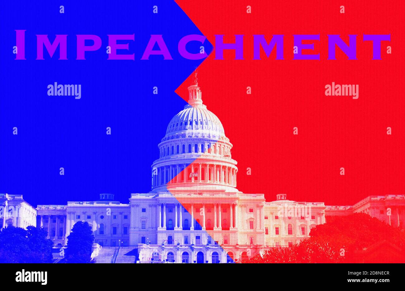 Congress building in Blue and Red, with word Impeachment in Purple Stock Photo