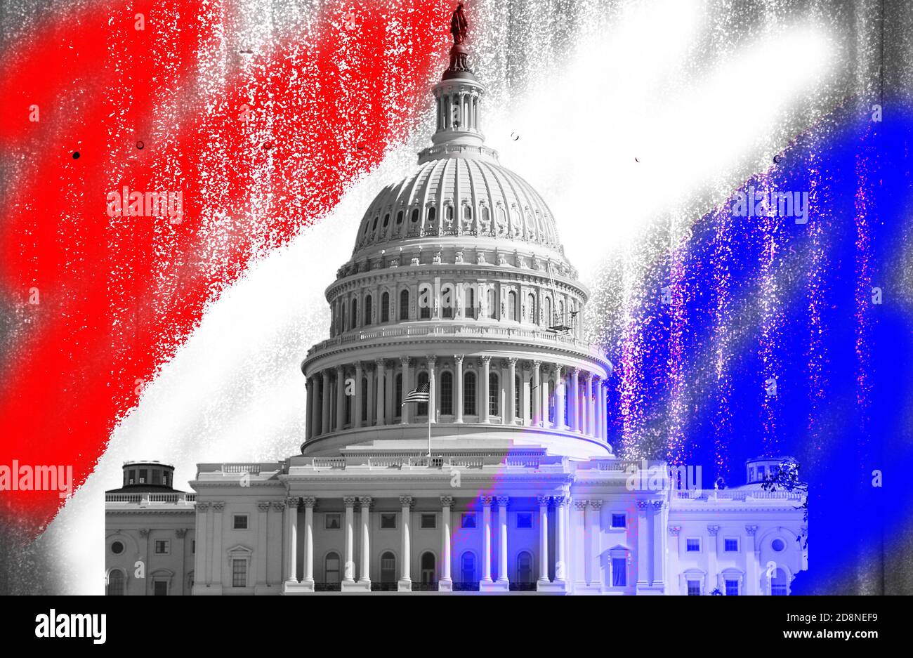 US Capital Building with spray paint Red, White, and Blue metal background Stock Photo