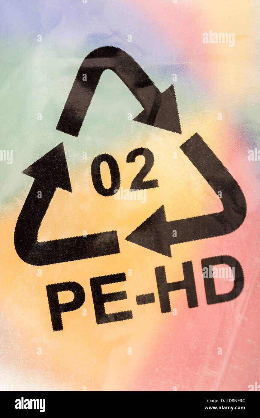 Macro close-up shot of plastic resin code / Resin Identification Code for High-density polyethylene / HDPE on plastic packaging. For plastic recycling Stock Photo