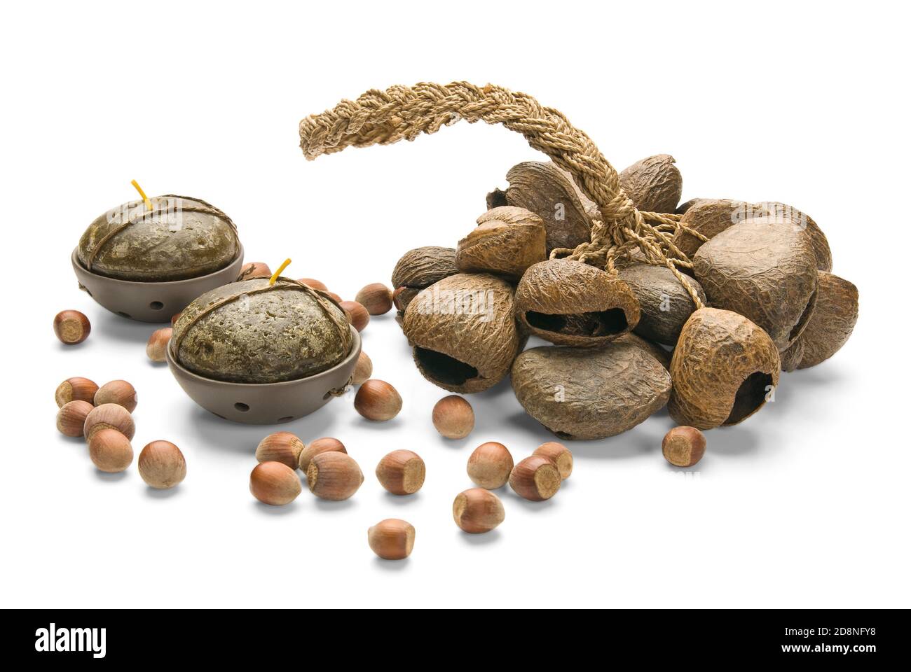 Stilllife, Ethnic Musical Instrument, nuts and Candles, isolated on
