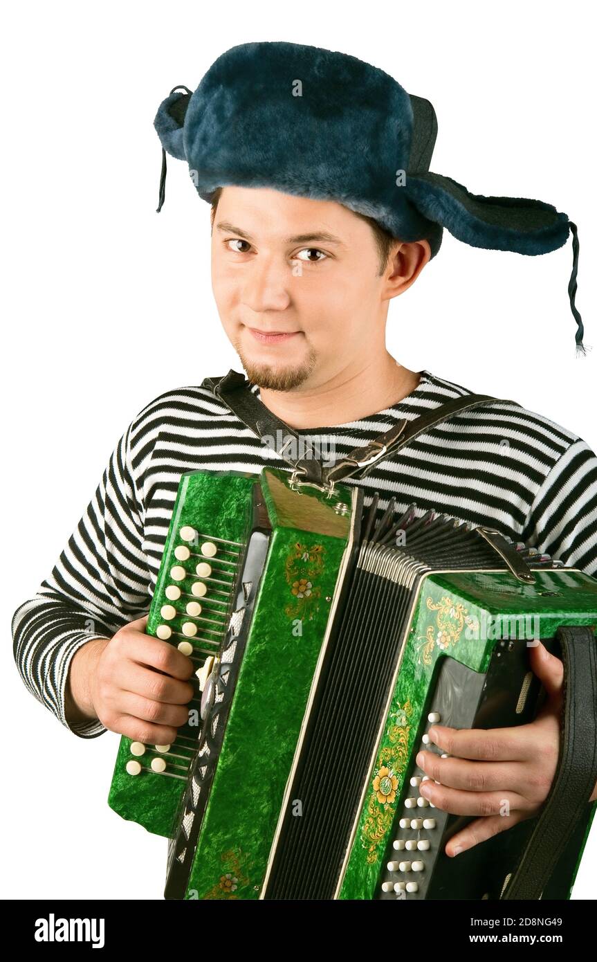 Russian man with accordion, isolated on white background Stock Photo Alamy