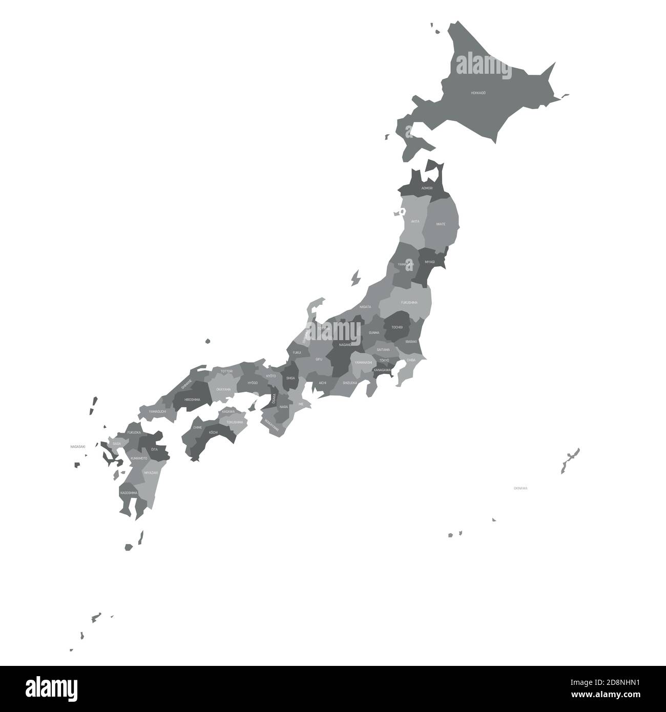 Grey political map of Japan. Administrative divisions - prefectures. Simple flat vector map with labels. Stock Vector