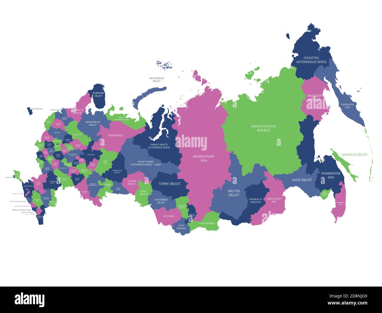 Political map of Russia, or Russian Federation. Federal subjects - republics, krays, oblasts, cities of federal significance, autonomous oblasts and autonomous okrugs. Simple flat vector map with labels. Stock Vector