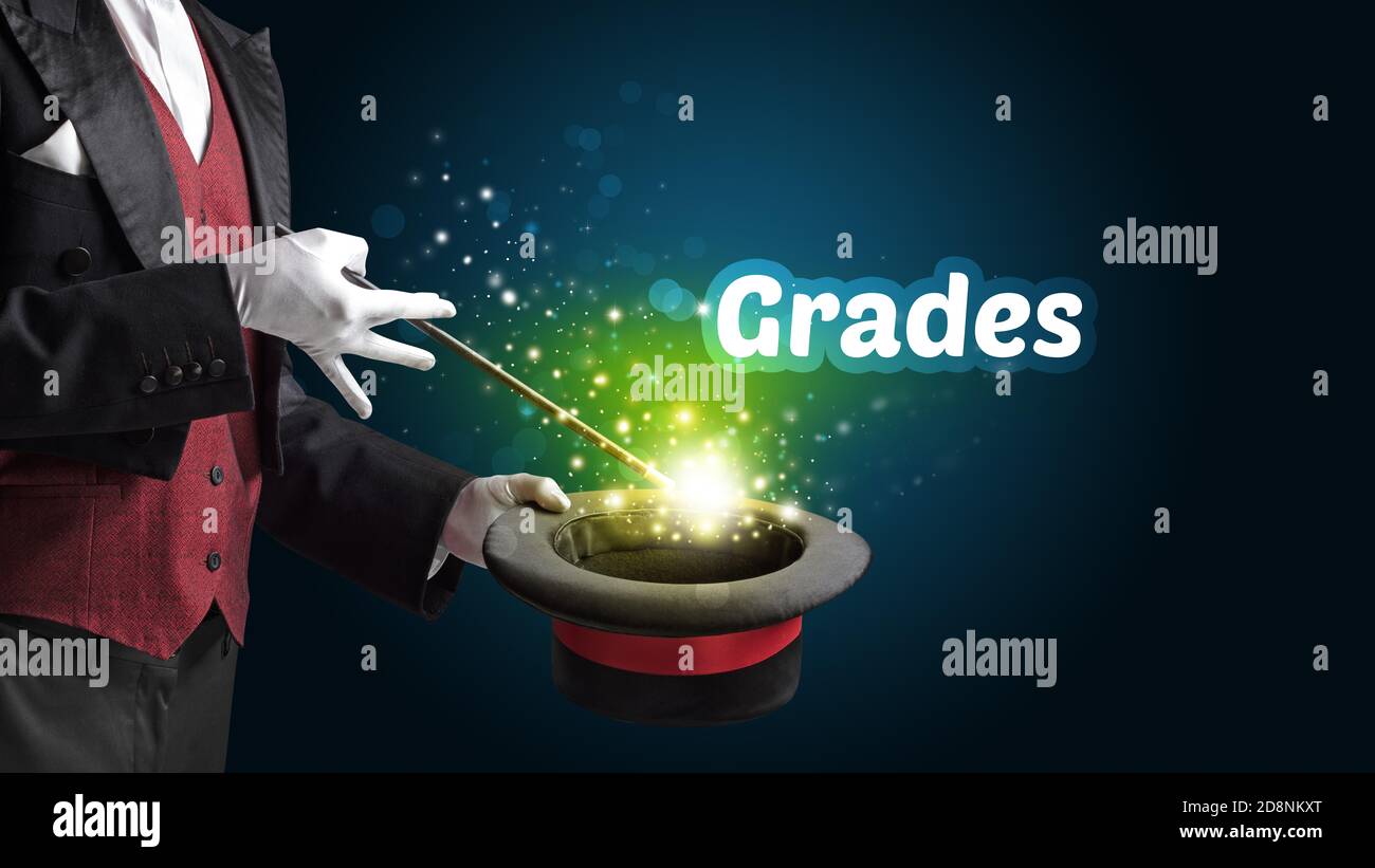 Magician is showing magic trick with Grades inscription, educational ...