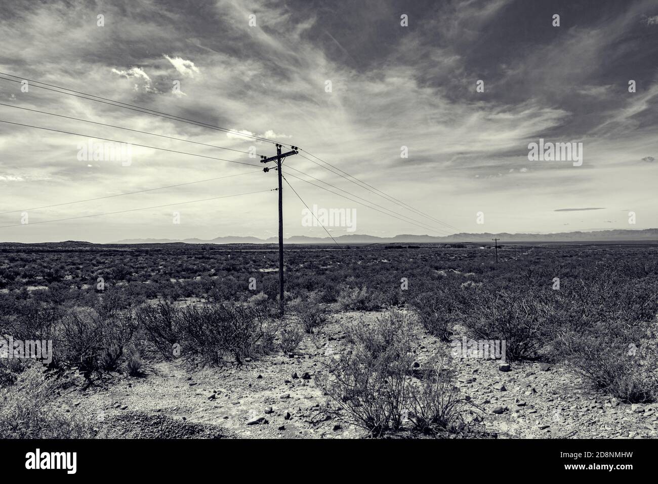 Black and white filter on southwest desert in New Mexico with mountains in the distance and electoral pole in the foreground Stock Photo