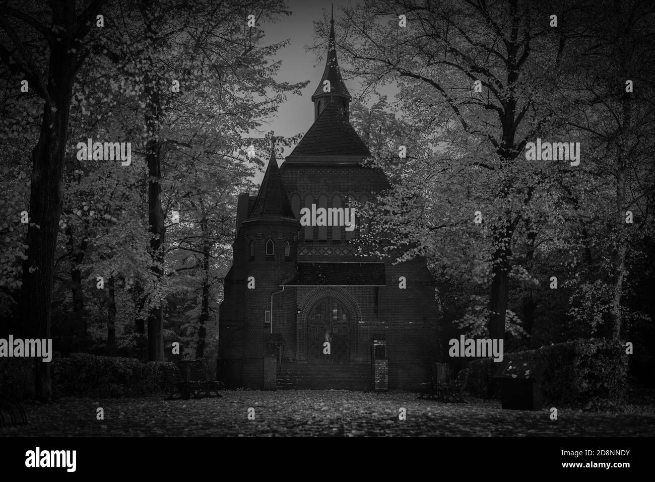 cemetery chapel at Night, chapel, trees, Sepia Photo, Black and White, spooky Chapel on a Cemetry at night, autumn time, dark photo Stock Photo