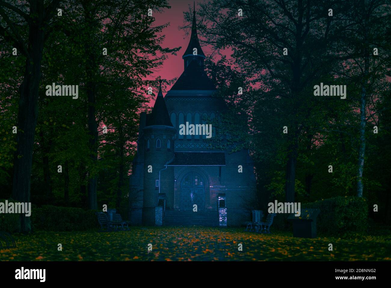 cemetery chapel at Night, autumn trees, spooky Chapel on a Cemetry at night, abstract colors, colorful, artful Stock Photo