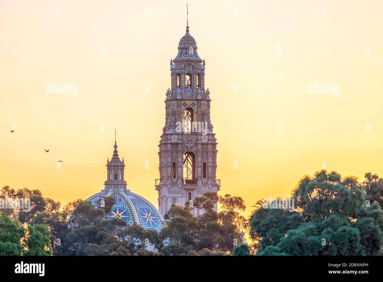 The California Tower and California Dome at sunrise. Balboa Park, San