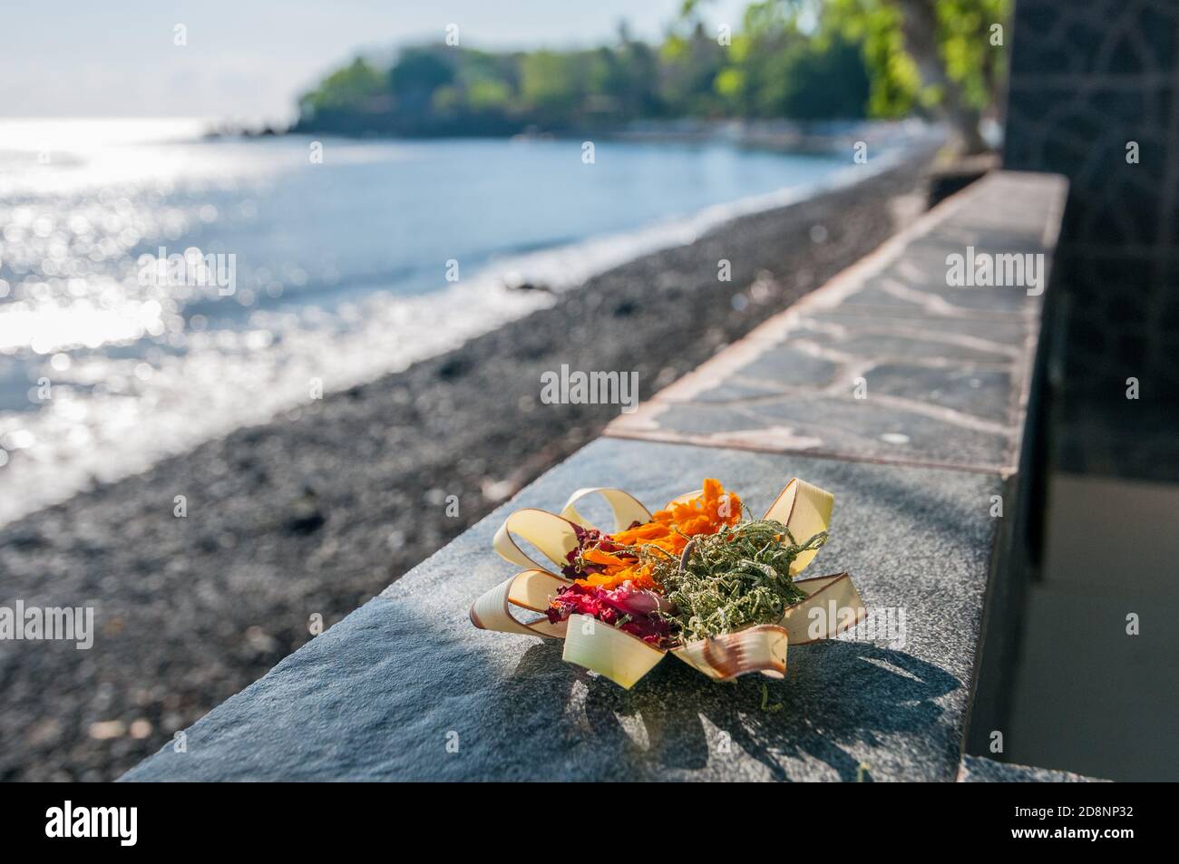 offerings near the beach, Tulamben, Bali, Indonesia Stock Photo
