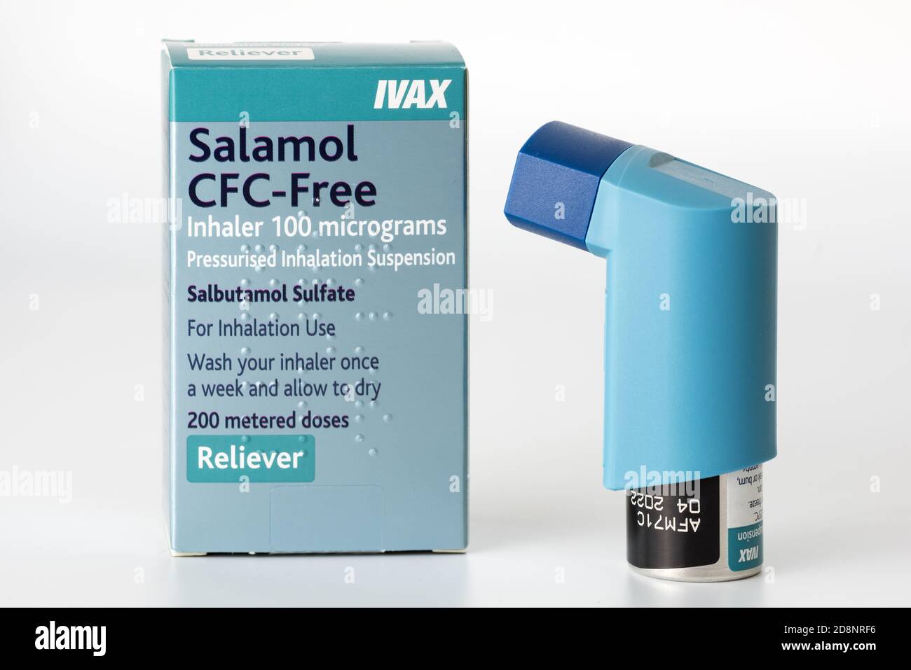 Salamol Easi-Breathe CFC-Free Inhaler with white background Stock Photo