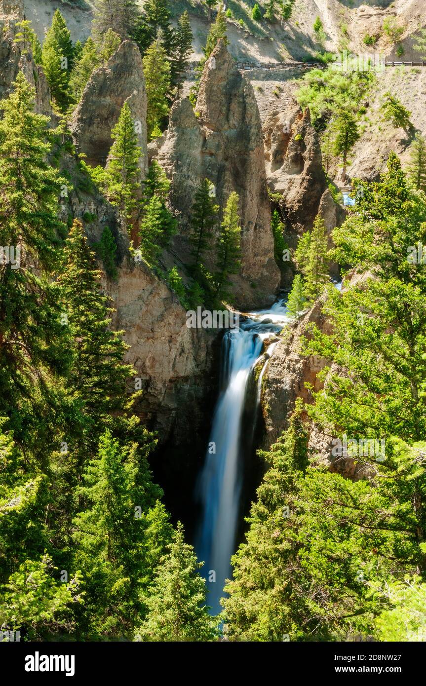 Tower Fall Rocks Tower fall waterfall with rock pinnacles that line Tower Creek. Wind ...