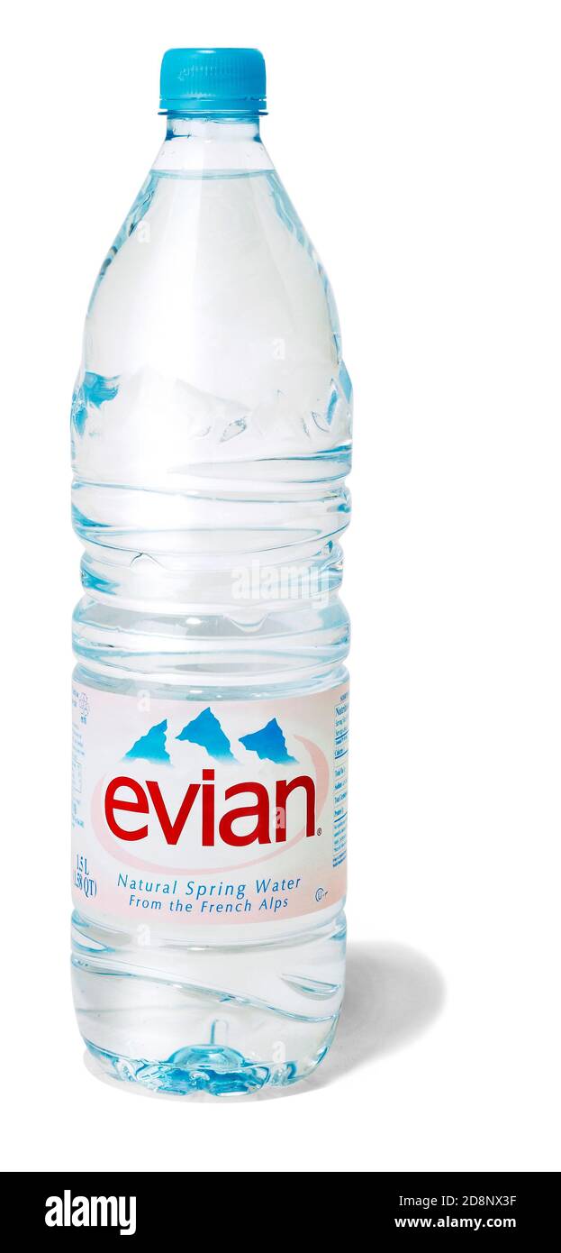 A sealed evian water bottle photographed on a white background Stock Photo Alamy
