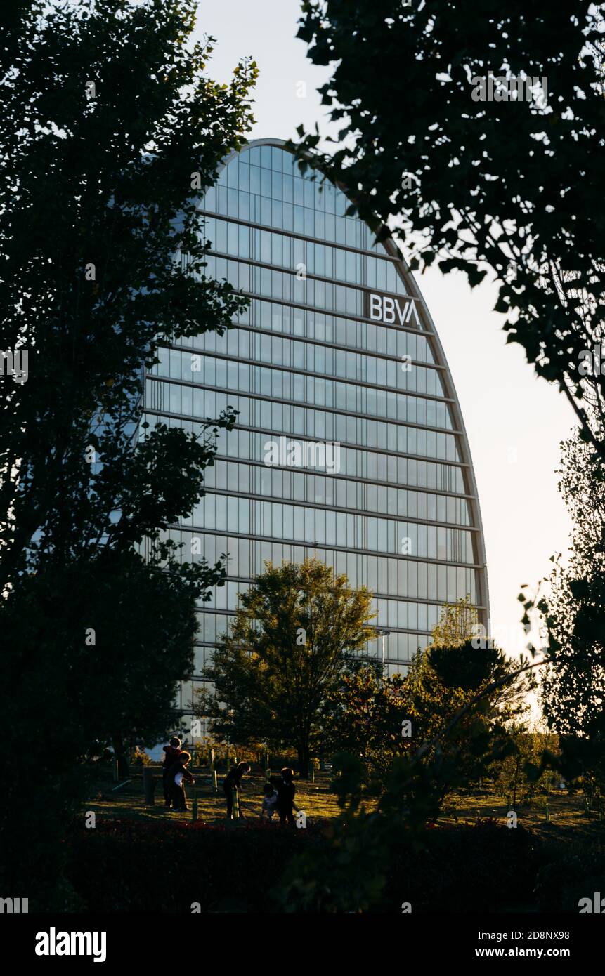 'La Vela' building BBVA bank headquarters modern building in 'Las Tablas' district. Designed by Pritzker Prize winner Herzog De Meuron, LEED Gold Stock Photo