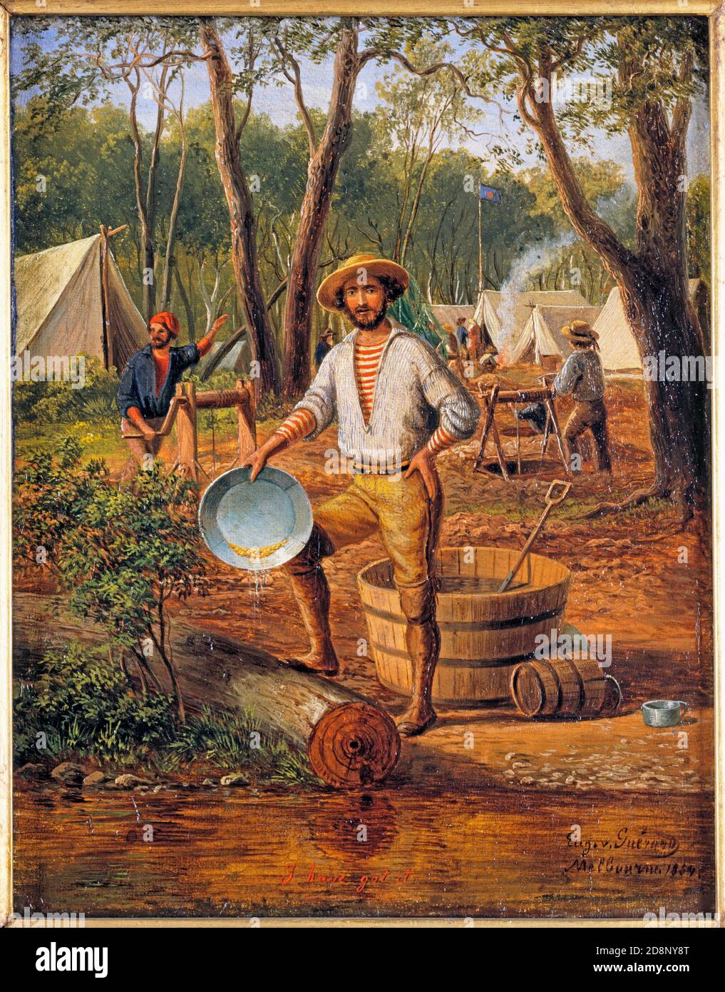 Painting by Eugene von Guerard, I Have Got It! (1854) showing a prospector on the Victorian gold fields with a gold pan and plenty of gold Stock Photo