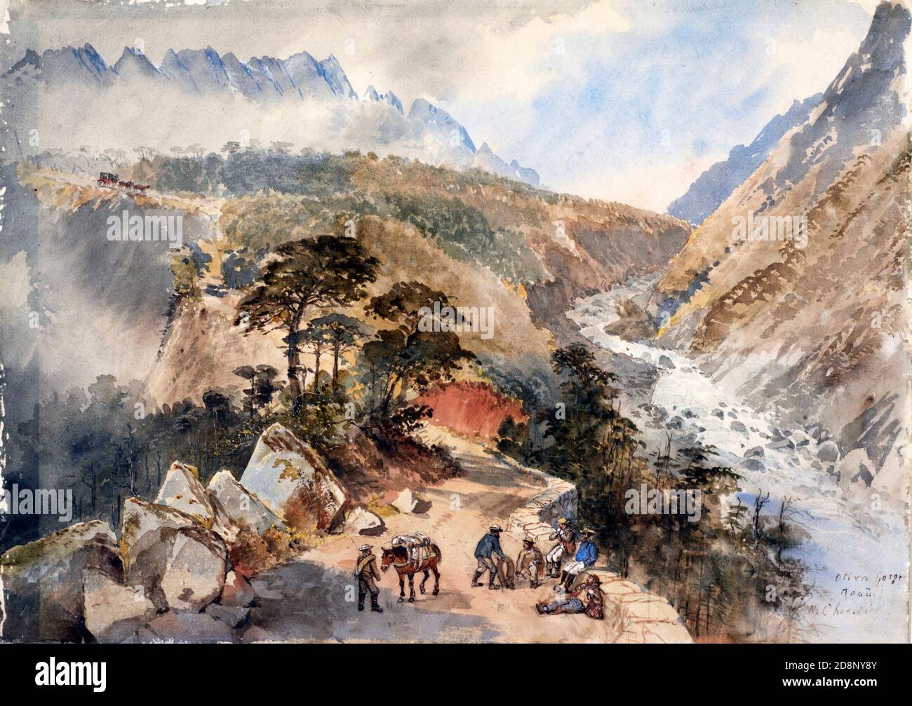 Watercolour of Gold miners on the Otira Gorge road, circa 1866, by Nicholas Chevalier Stock Photo