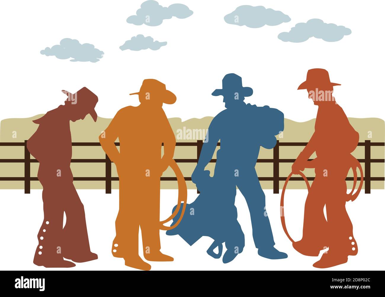 Colorful silhouette of cowboys, fence, and clouds. Stock Vector