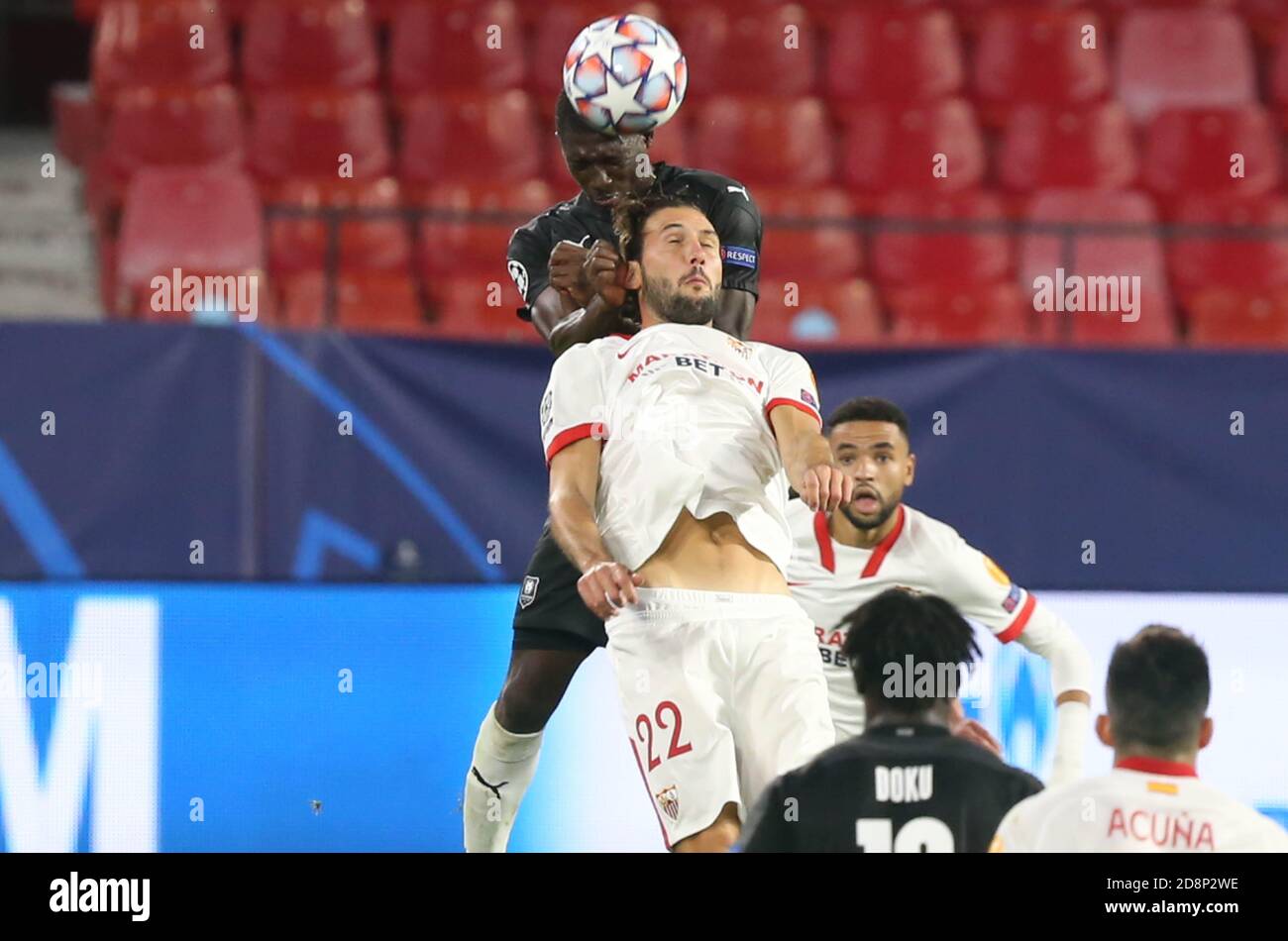 Serhou Guirassy of Stade Rennais and Franco Vázquez of FC Seville during  the UEFA Champions League, Group Stage, Group E football match between  Sevilla FC and Stade Rennais on October 28, 2020