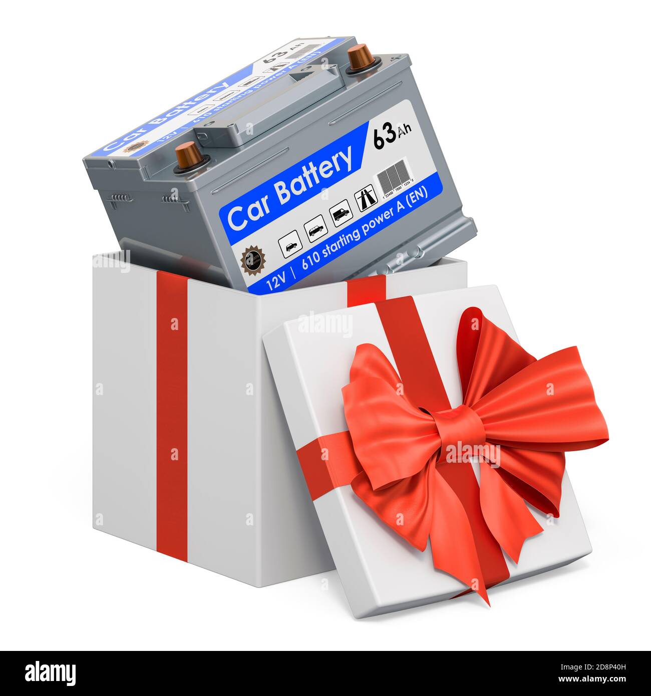 Car battery inside gift box, present concept. 3D rendering isolated on  white background Stock Photo - Alamy