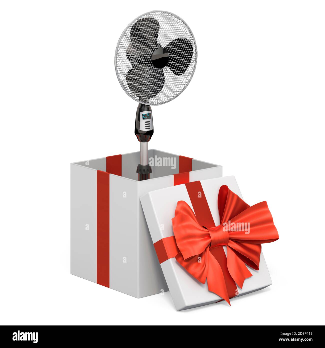 Standing pedestal fan inside gift box, present concept. 3D rendering