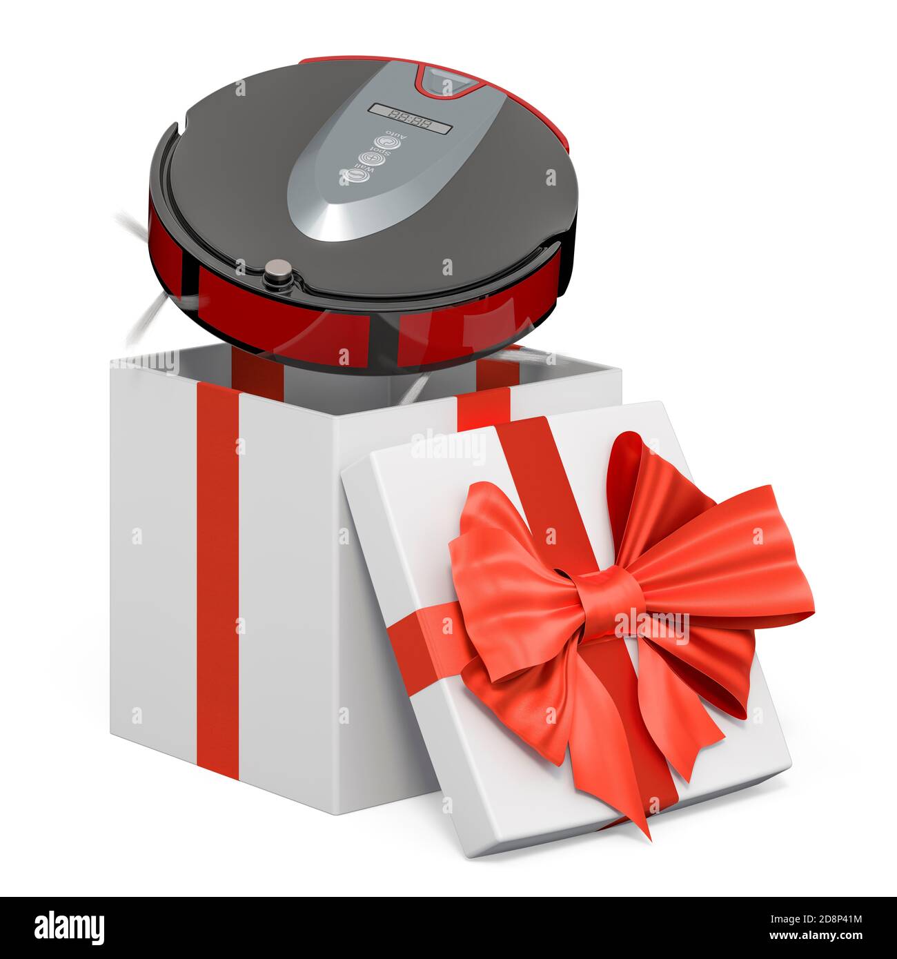 Robotic vacuum cleaner inside gift box, present concept. 3D rendering