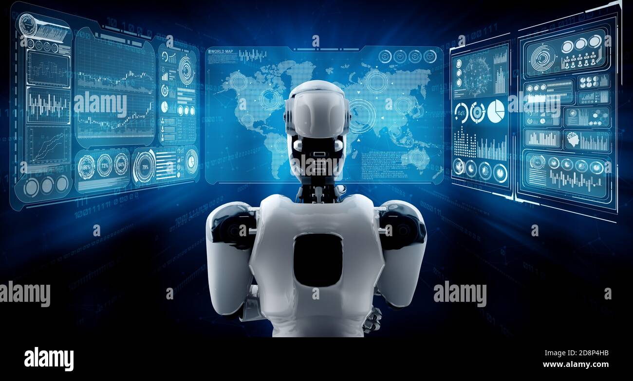 Thinking AI humanoid robot analyzing hologram screen showing concept