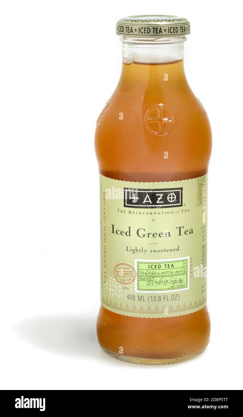 Bottle of Tazo iced green tea photographed on a white background Stock