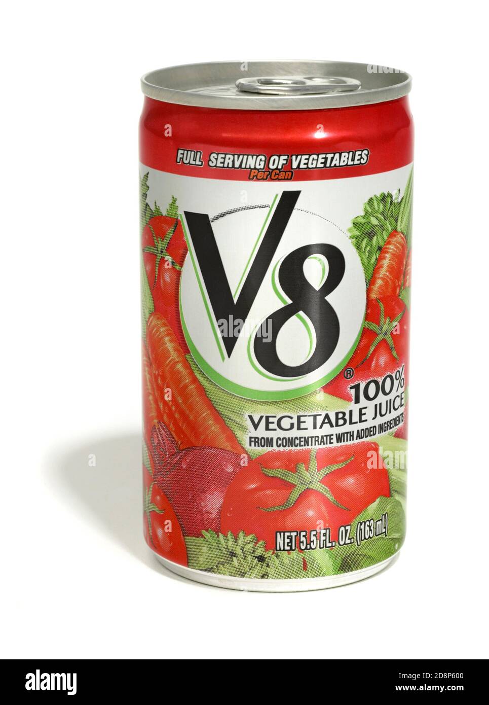 Small can of V8 vegetable juice photographed on a white background