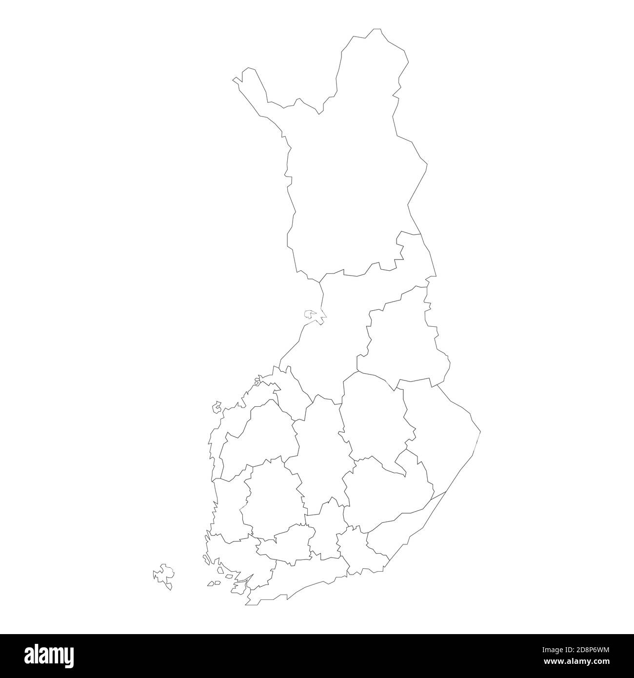 Blank political map of Finland. Administrative divisions - regions. Simple black outline vector map Stock Vector