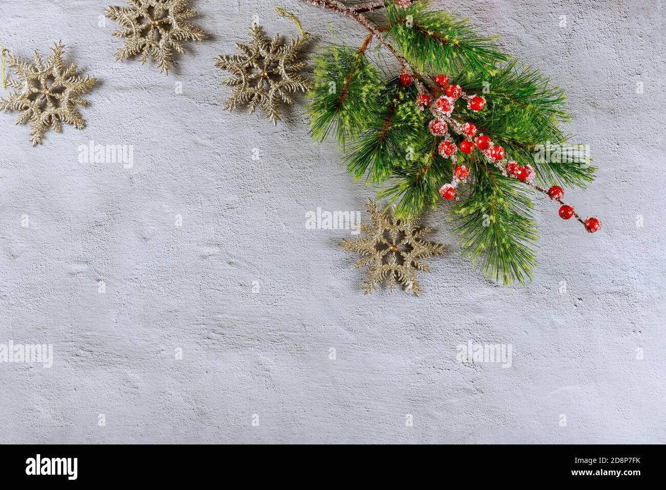 Christmas background with fir branche, red berries and snowflakes on ...