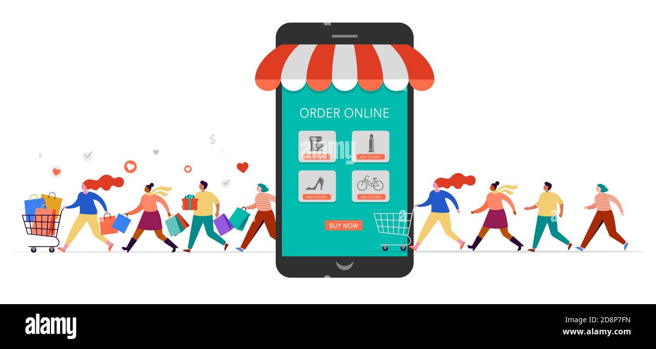 People shopping online using mobile phone. Happy men and women taking part  in seasonal sale at store, shop, mall and online. Cartoon characters on  Stock Vector Image & Art - Alamy