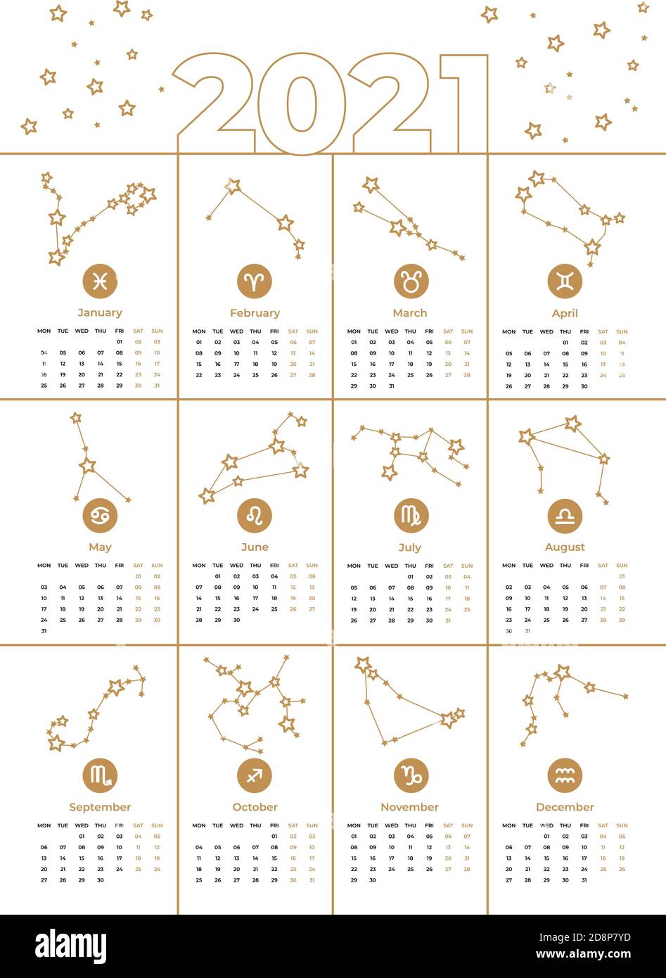 Vector Calendar 21 Printable A3 Template Zodiac Signs Stars Constellations Of Golden Color New Year S Days Astrological Forecast Horoscope For Stock Vector Image Art Alamy