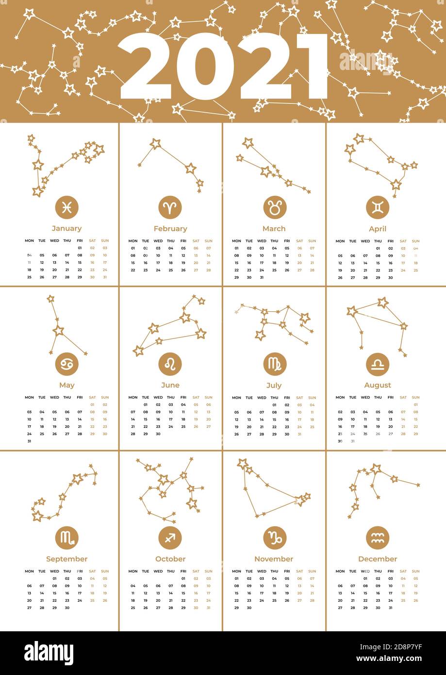 Vector calendar 2021 printable A3 template. Zodiac signs, stars, constellations of golden color. New Year's days. Astrological forecast, horoscope for Stock Vector