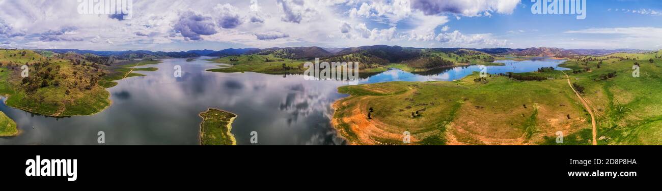 Flooding Windamere lake on Cudgegon river above dam in wide aerial panorama. Stock Photo