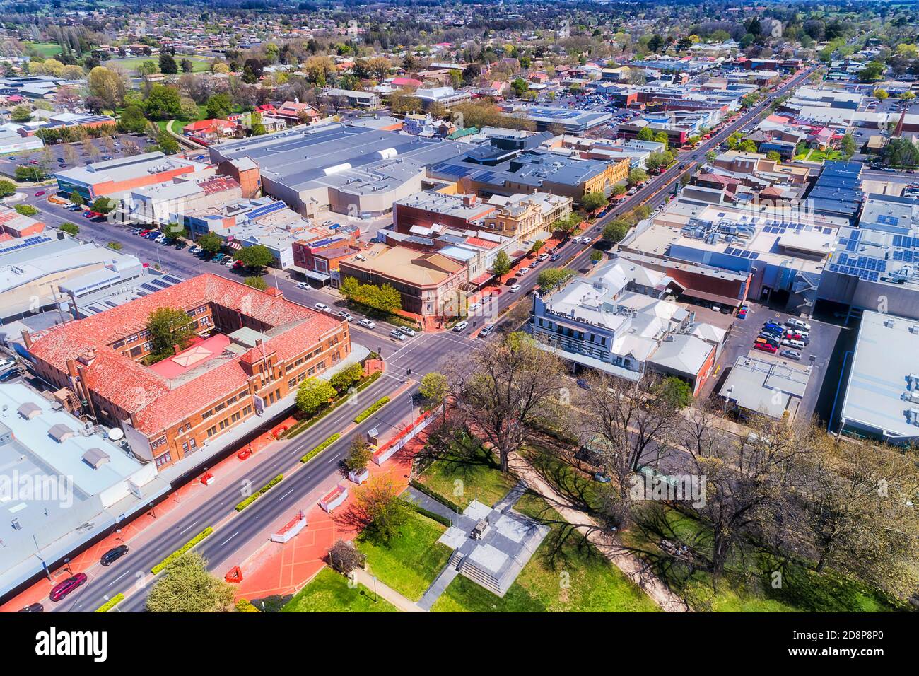 Rooftops of historic buildings in Orange city downtown along Byng street and Robertson park - aerial view Stock Photo