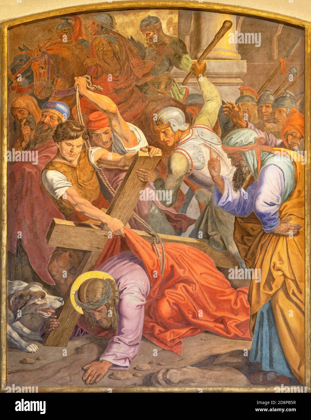 VIENNA, AUSTIRA - OCTOBER 22, 2020: The fresco Fall of Jesus undwer the cross  as part of Cross way station in the church of St. John the Nepomuk. Stock Photo