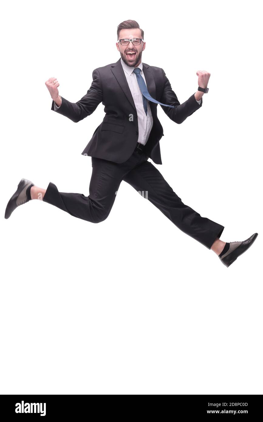 in full growth. happy dancing young businessman Stock Photo