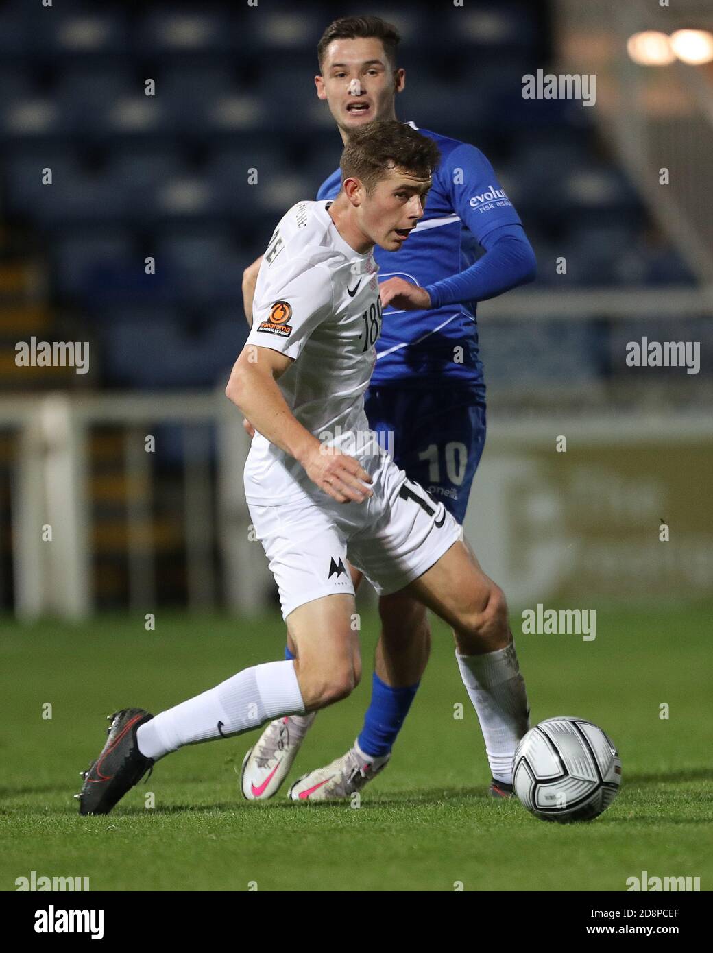 Hartepool, County Durham, UK. 27th Oct 2020. Hartlepool United's Gavan  Holohan in action with Altrincham's Tom Hannigan during the Vanarama  National League match between Hartlepool United and Altrincham at Victoria  Park, Hartlepool