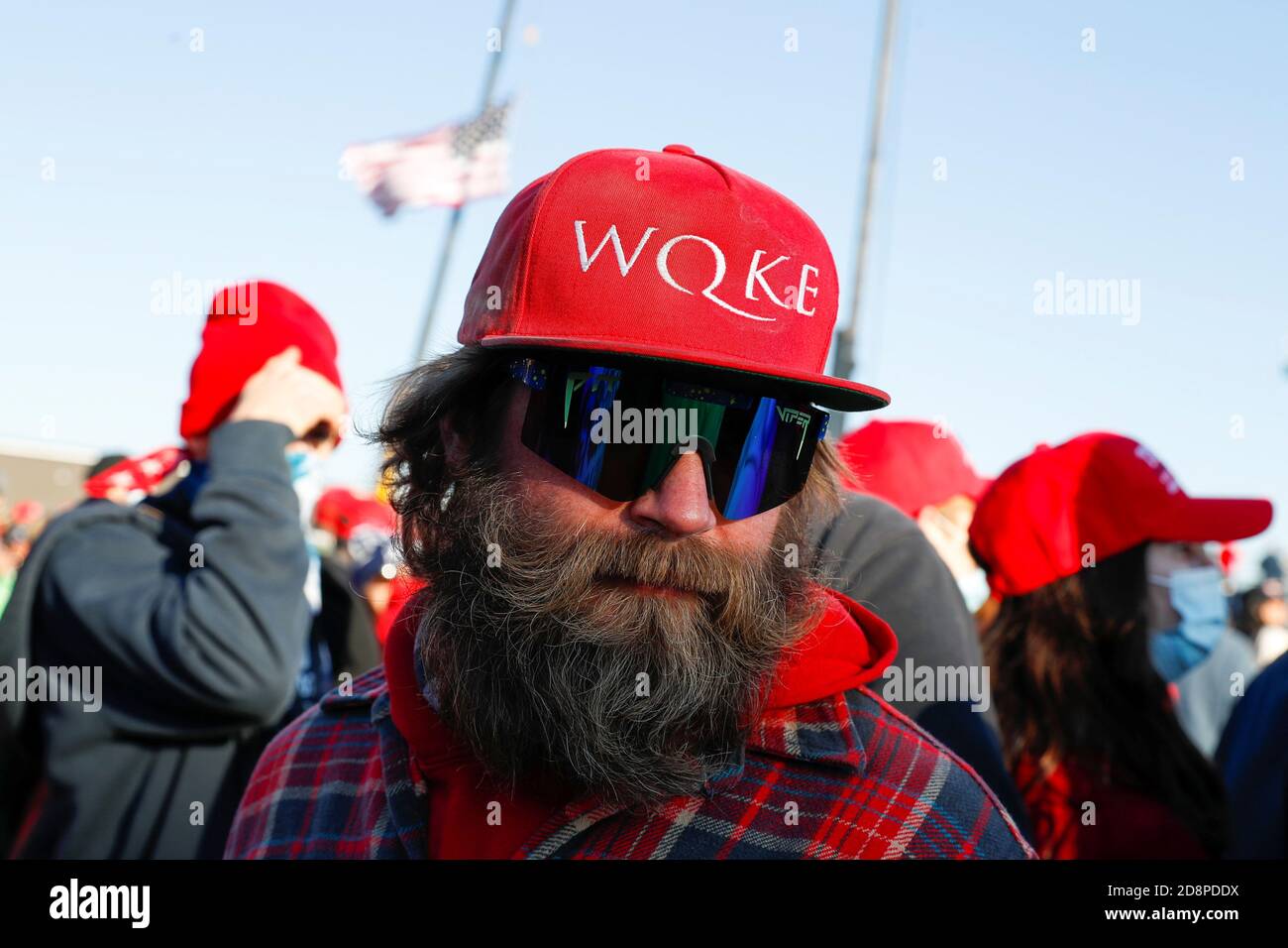 A man wearing a cap that references the QAnon slogan attends a U.S. President Donald Trump's campaign rally in Butler, Pennsylvania, U.S., October 31, 2020. REUTERS/Shannon Stapleton Stock Photo