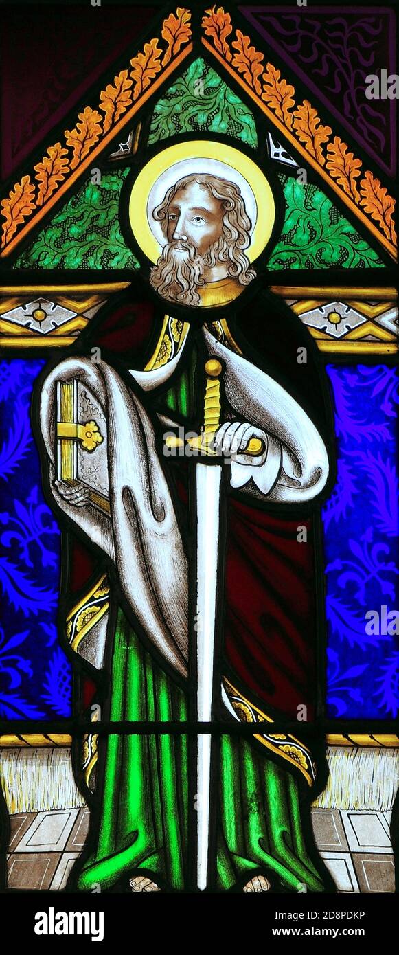 St. Paul, sword, stained glass, window, by Joseph Grant of Costessey, 1856, Wighton, Norfolk, England Stock Photo
