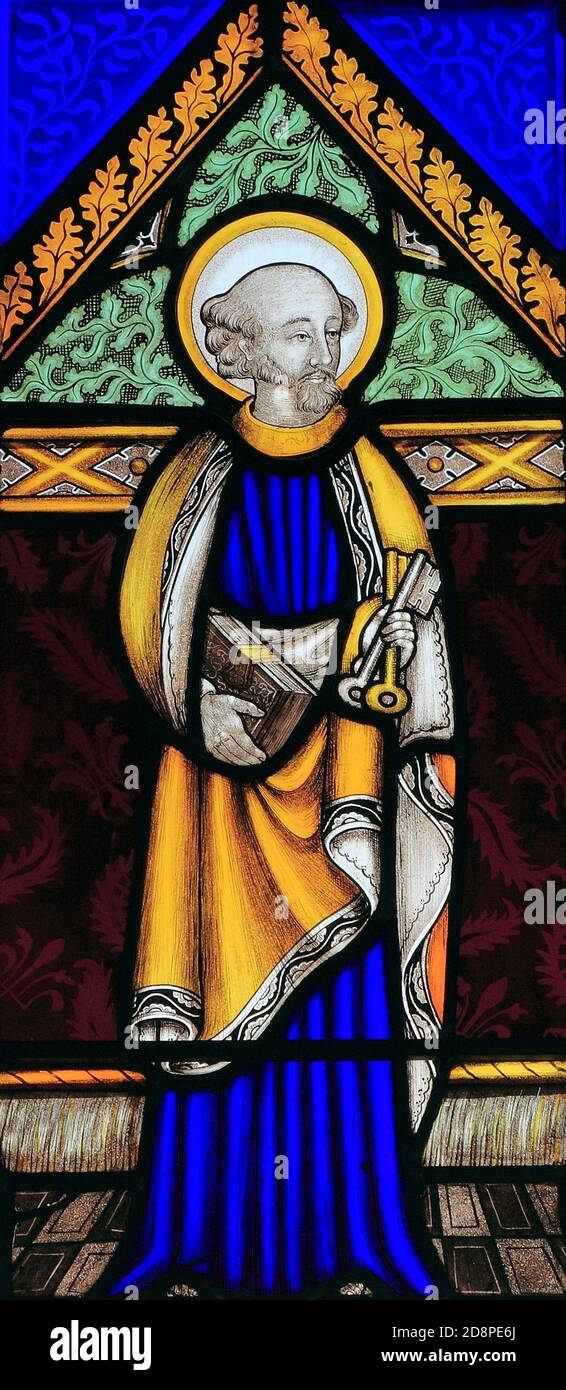 St. Peter, stained glass, window, by Joseph Grant, of Costessey, c. 1856, Wighton, Norfolk, England Stock Photo