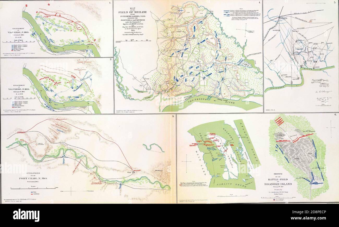 Maps of the battlefields of Shiloh, Roanoke Island and Valverde New Mexico, 1862 from Atlas to Accompany the Official Records of the Union & Confedera Stock Photo