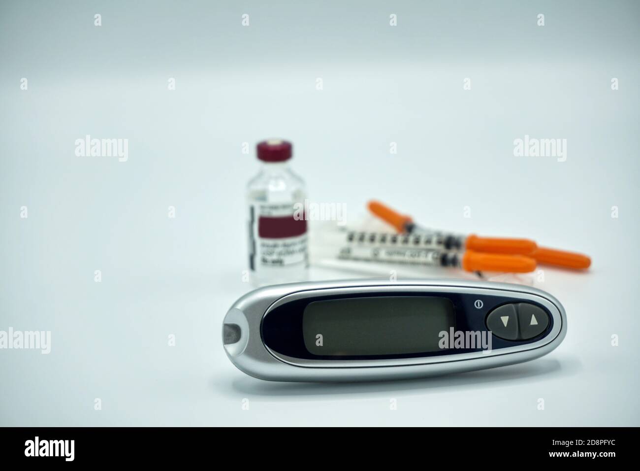 insulin bottle, disposable syringes, pump, blood glucose monitoring for