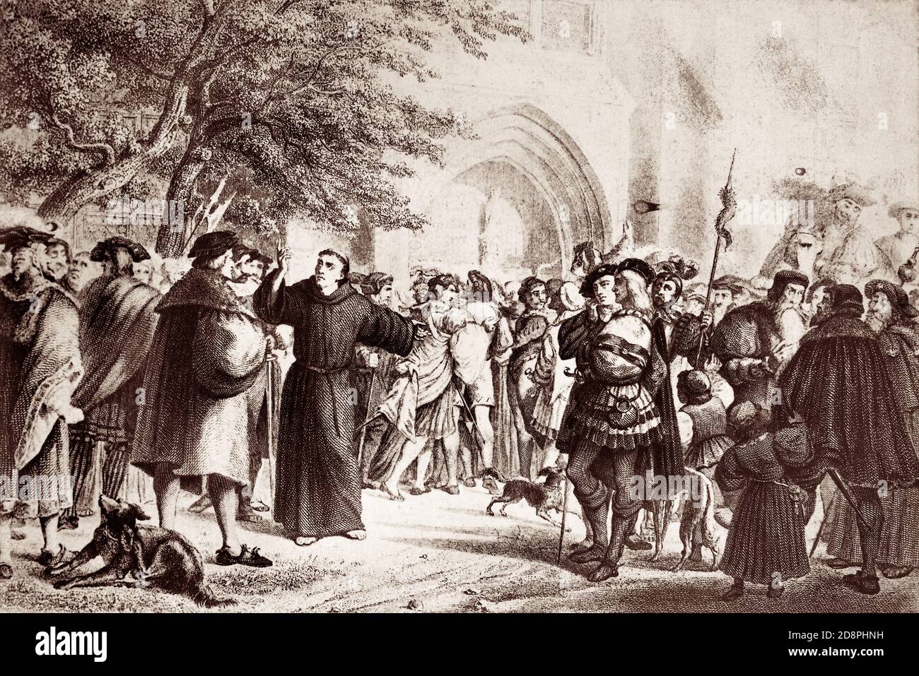 Engraving of Martin Luther (1483-1546), a key figure in the Protestant Reformation, after he nailed the Ninety-Five Theses, or “Disputation on the Power and Efficacy of Indulgences,” on the door of All Saints' Church in Wittenberg in 1517. Stock Photo